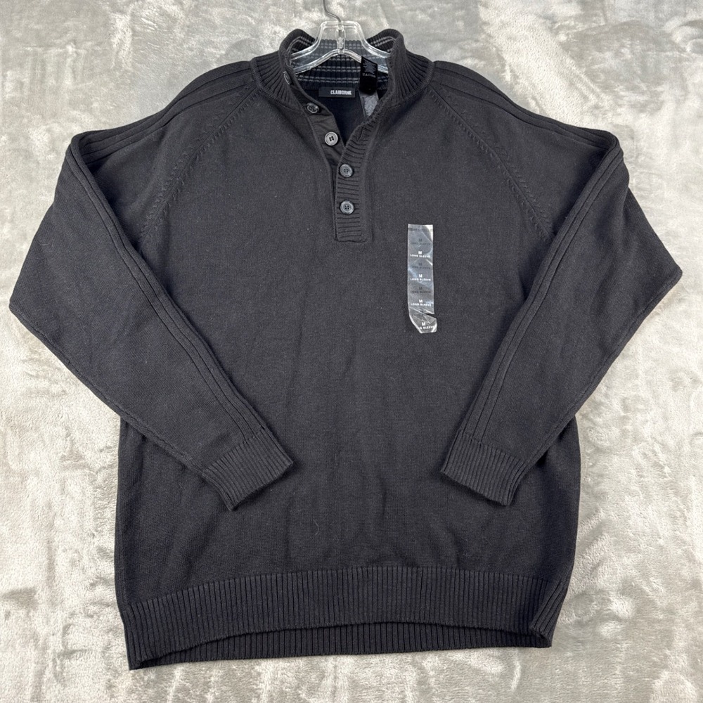 Claiborne Sweater Mens M MERU4731 Black Essentials Mock Neck Button NEW